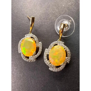 10k gold Ethiopian opal and white zircon earrings